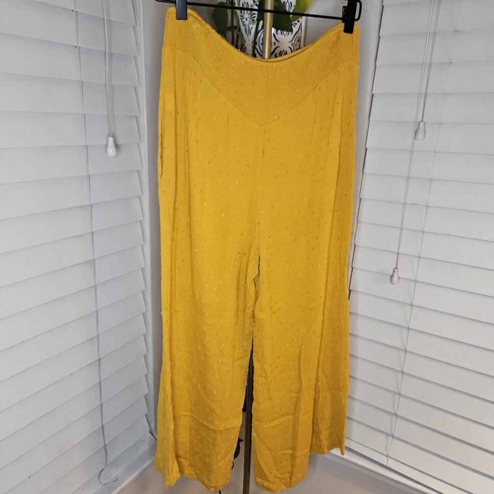 Mustard Seed Mustard Yellow Wide Leg Textured Palazzo Pants